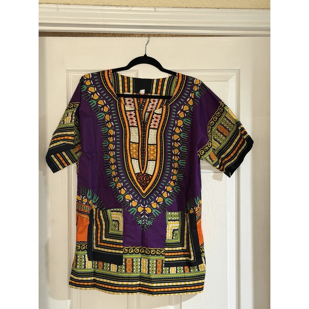 African Dashiki Mens Medium Purple Tribal Print Cotton Boho Festival Shirt AOP